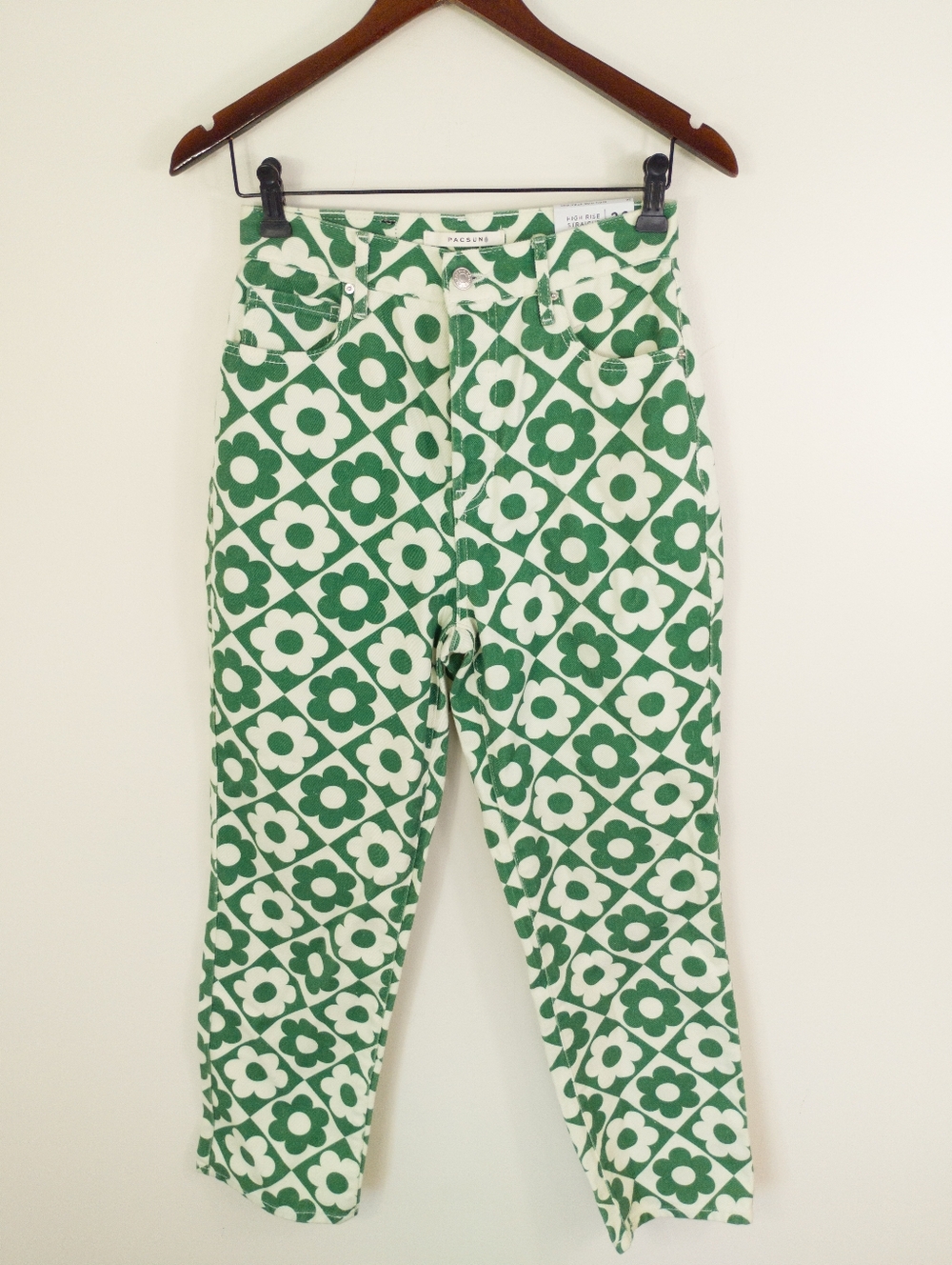 PacSun Green White Daisy Floral High Rise Straight Leg Jeans Size 26 New